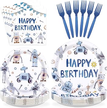 96Pcs Robot Birthday Party Decorations Happy Robot Plates and Napkins Tableware Set Blue Robots Shape Themed Decorations Favors for Boys Kids Baby Shower 1st Birthday Gender Reveal Supplies Serves 24