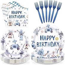 96Pcs Robot Birthday Party Decorations Happy Robot Plates and Napkins Tableware Set Blue Robots Shape Themed Decorations Favors for Boys Kids Baby Shower 1st Birthday Gender Reveal Supplies Serves 24