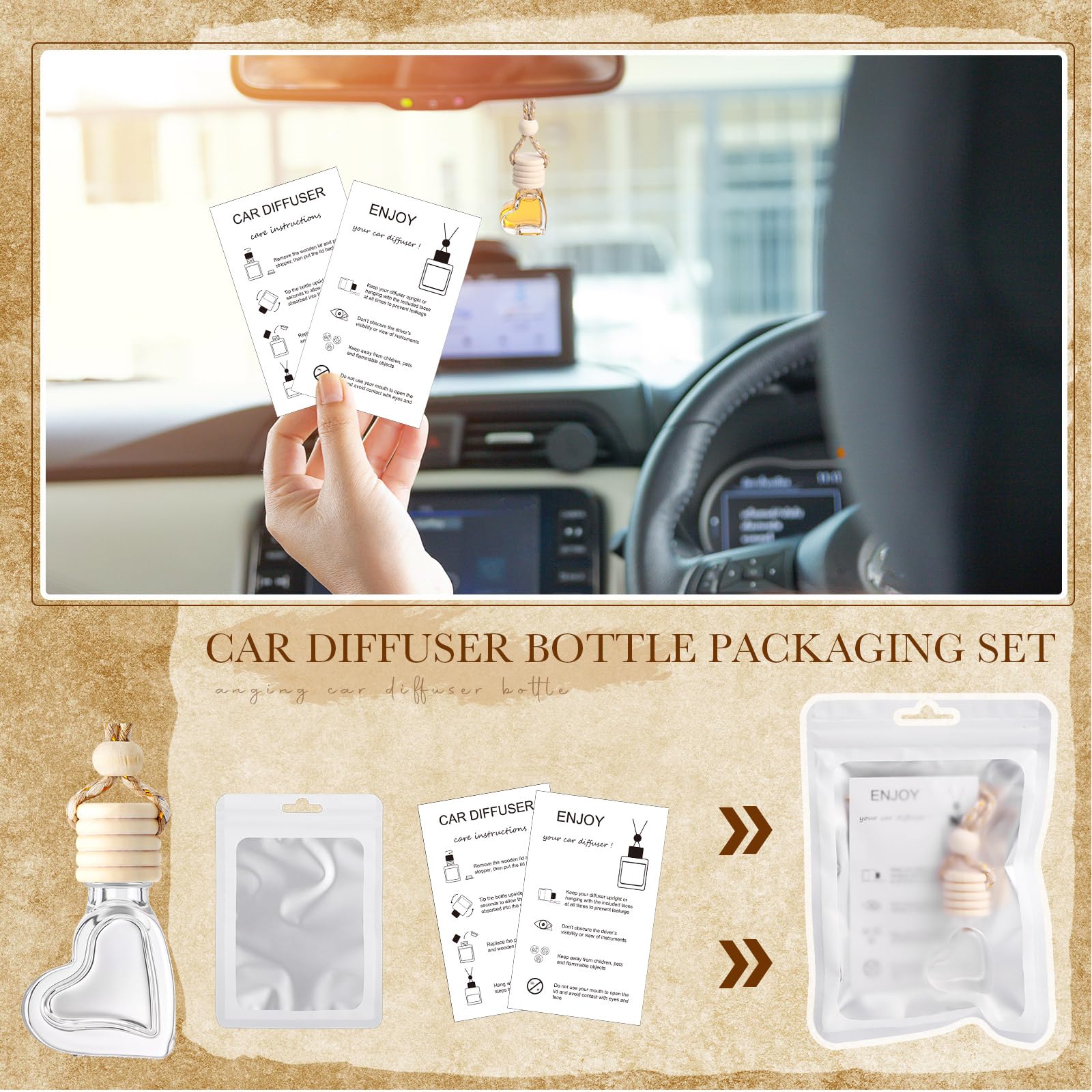 Boao Set di 100 flaconi profumatori per auto da appendere, con scheda di istruzioni e sacchetto olografico richiudibile da 10 x 15,2 cm, per bottiglie vuote di oli essenziali per profumo, confezione