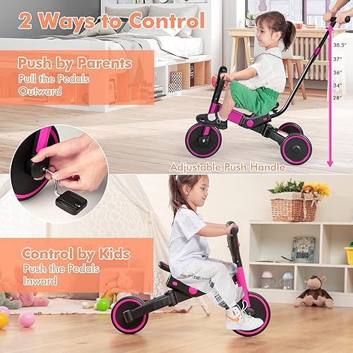 Miniatura 4 de BABY JOY Triciclo plegable 4 en 1 para niños pequeños triciclo plegable para niños bicicleta de equilibrio para bebés con mango de empuje ajustable