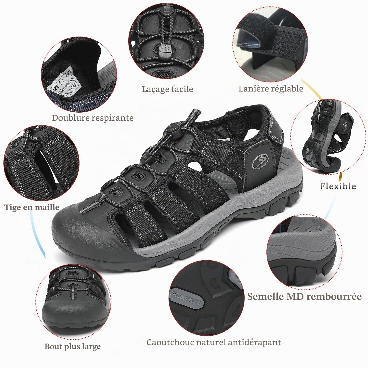 FLARUT Sandales Hommes Été d'extérieur Randonnée Sport Chaussures de Marche Fermées Plage Course Décontractées
