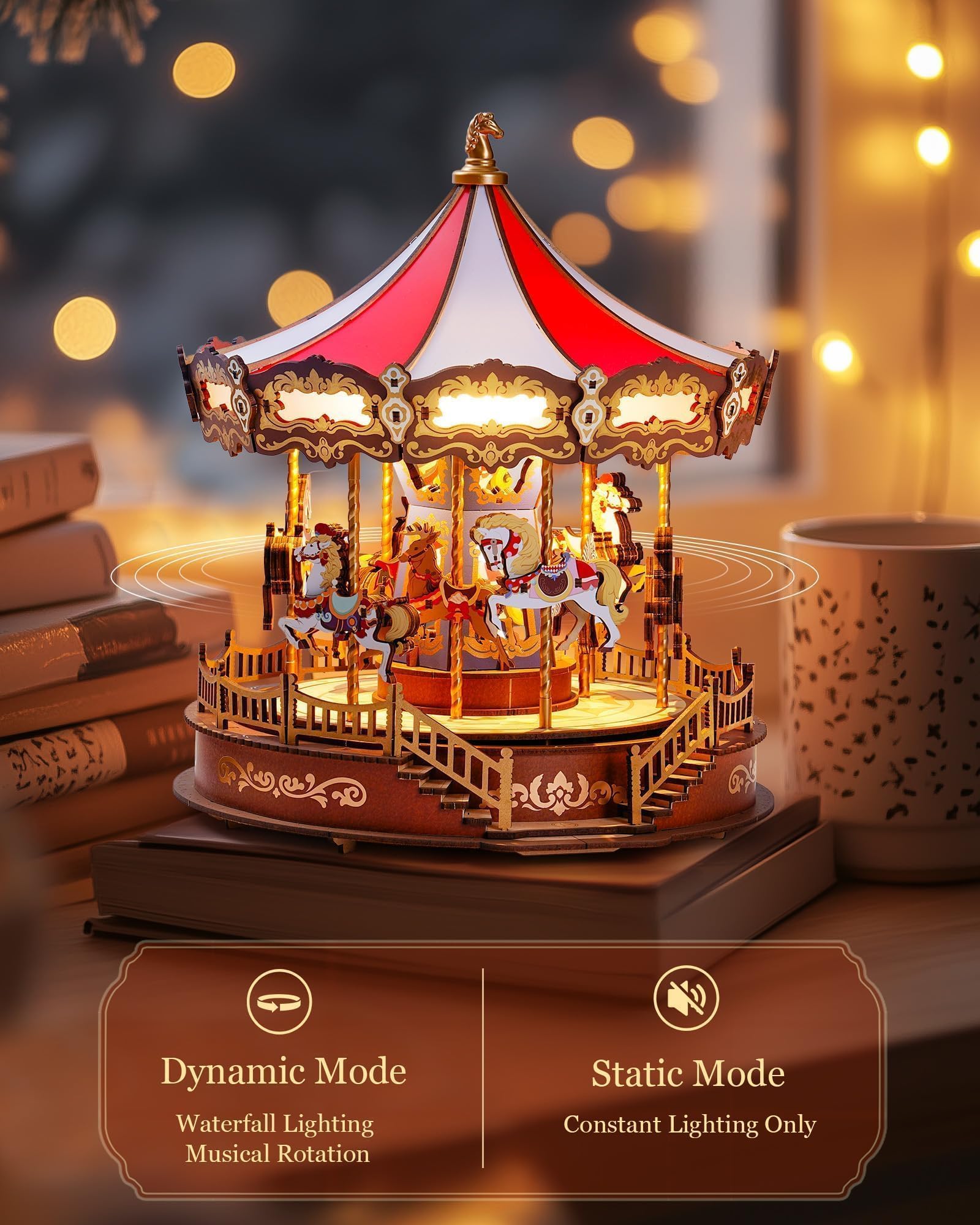 rowood Classic Carousel 3D Puzzle, Zestaw modelu skrzynki muzycznej z drewna do zbudowania dla dorosłych, zestawy do budowy zabawek DIY, idealne jako prezent na Boże Narodzenie i urodziny
