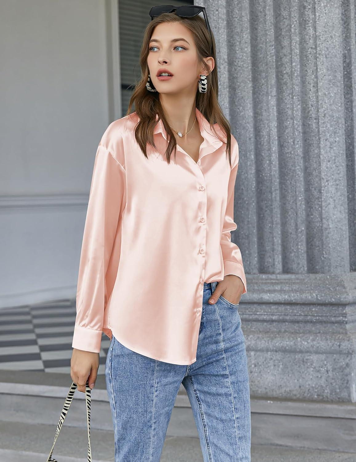 Chigant Women's Blouse Satin Silk Shirts Button Down Shirts Casual Loose Long Sleeve Office Work Tunic Tops - Image 4
