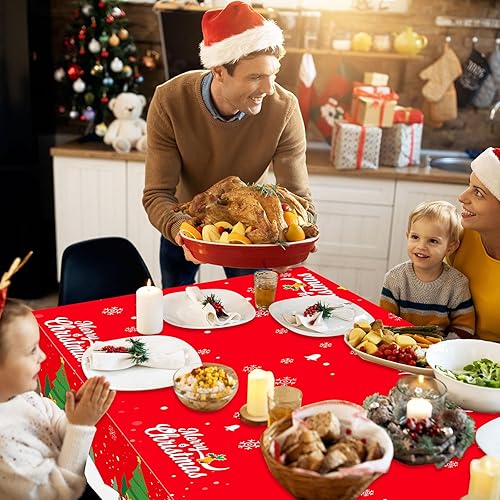 Miniatura 6 de Mantel de plástico navideño rectangular de 54 x 108 pulgadas, mantel de Navidad desechable, color rojo, para Navidad, fiesta de cumpleaños y Navidad