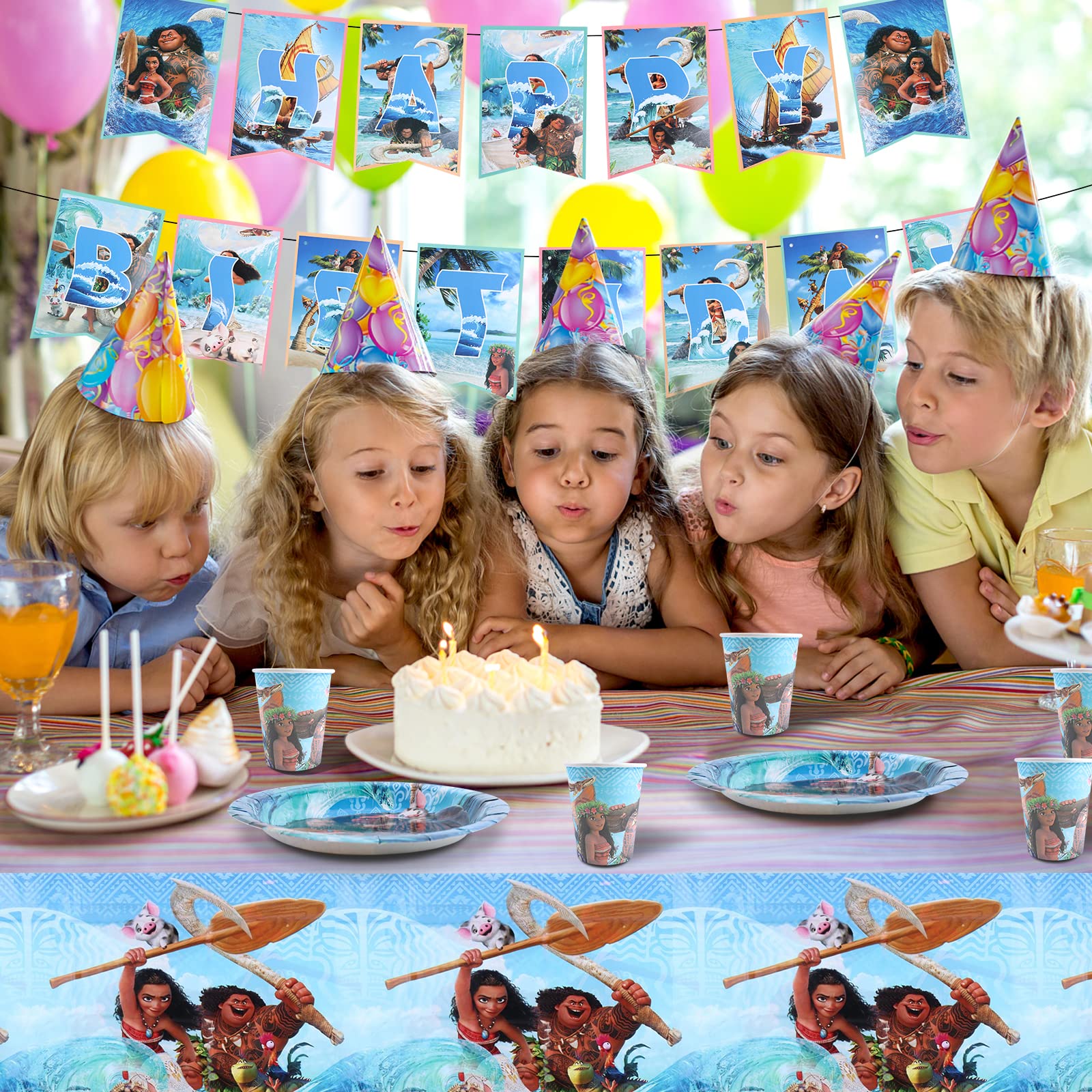 42 Pcs Decorazione Feste Moa, Compleanno Stoviglie Moan, Decorazioni Compleanno Bambino, Feste Stoviglie Kit, Tazze, Tovaglie
