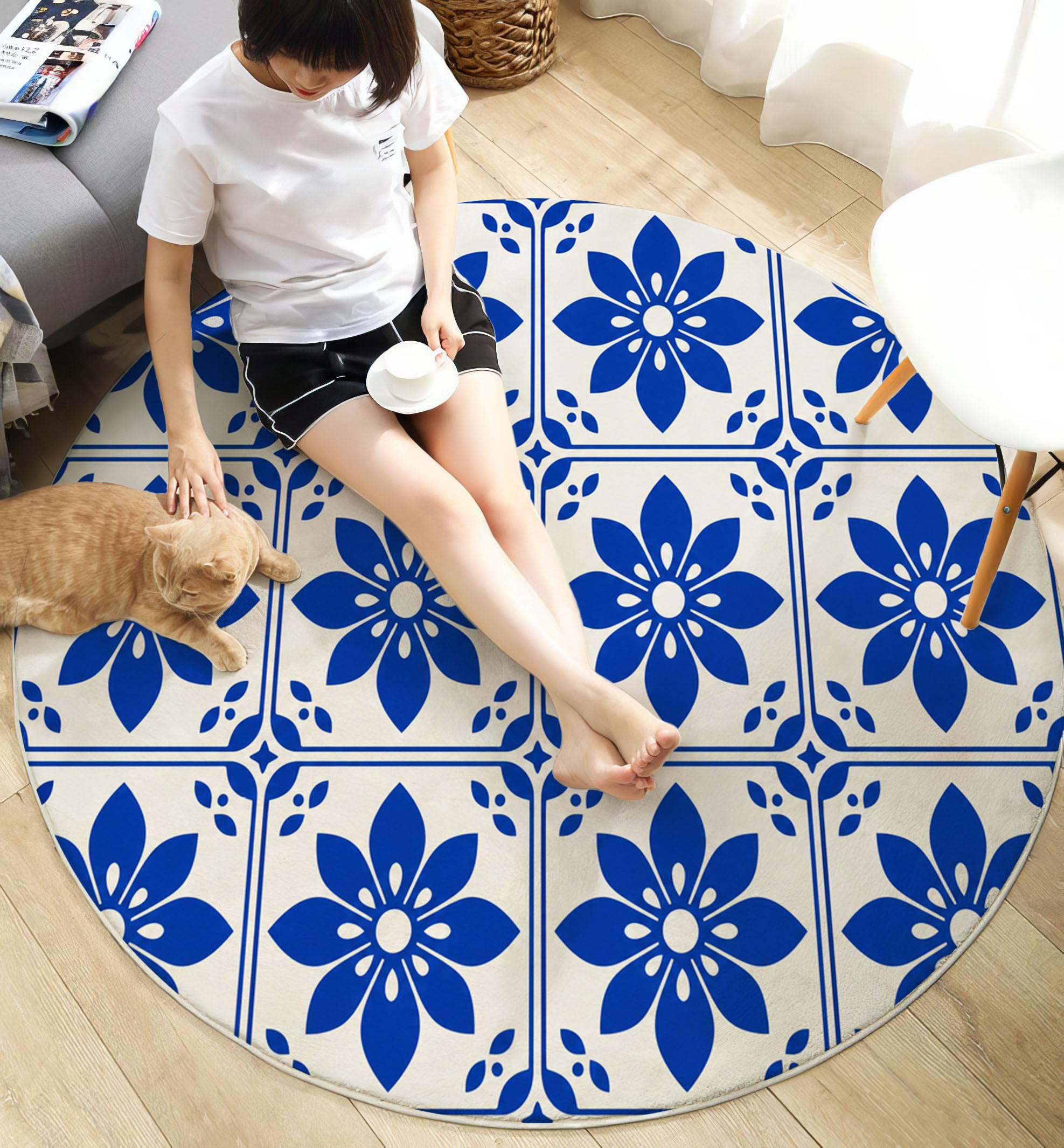 Tapis Rond 160 Cm, Fleurs Traditionnelles Bleu Marine | Lavable Et Antidérapant, Tapis De Sol Doux Carreaux À Damier Méditerranéens Pour Chambre, Salon Cheminée Et Salle De Jeux