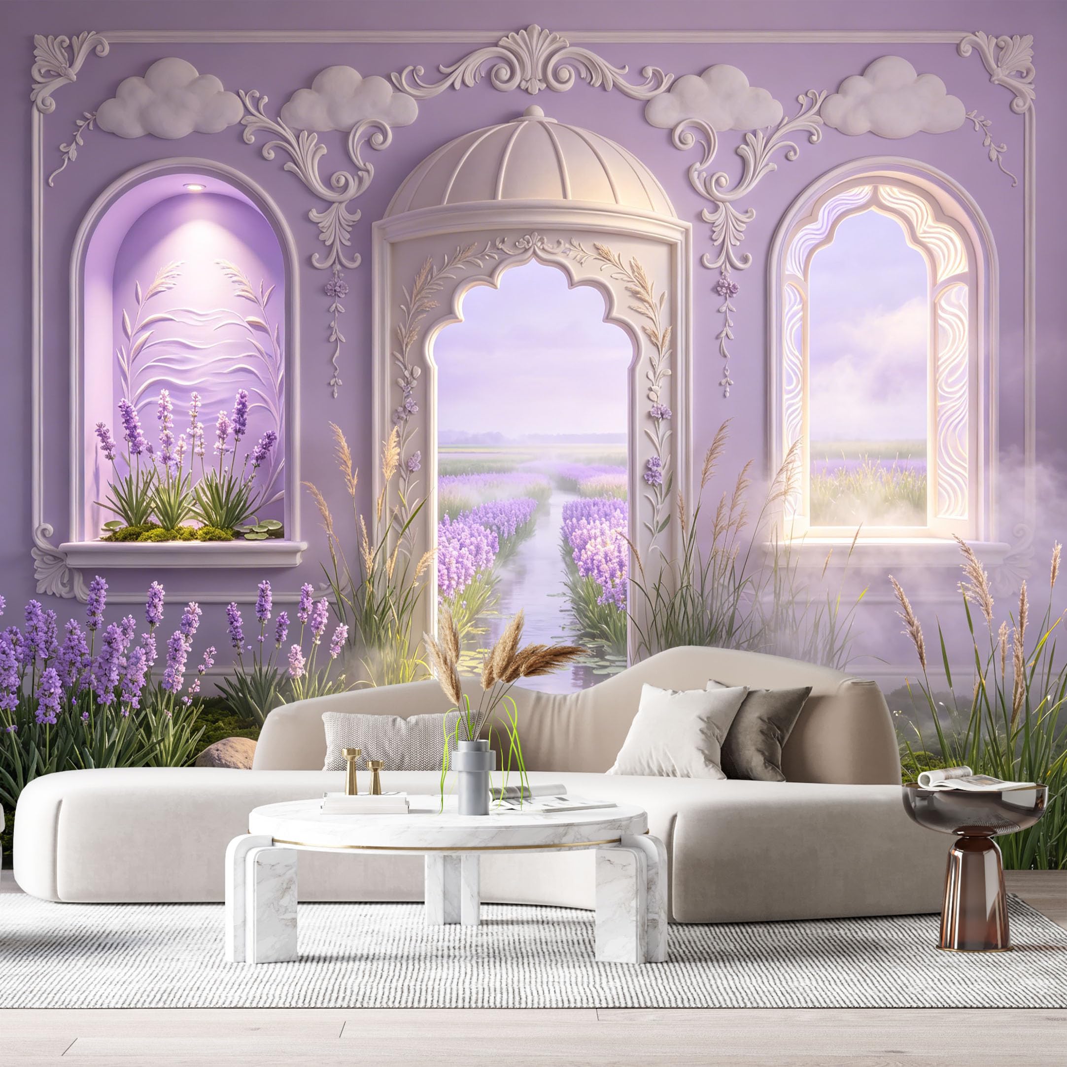 Custom Size Wall Murals Dreamlike Lavender Field Architectural Archway Watercolor Oil Painting 3D Trompe L'Oeil SelfAdhesiveWall Fabric Removable Wallpaper Wall Decor for Living Room