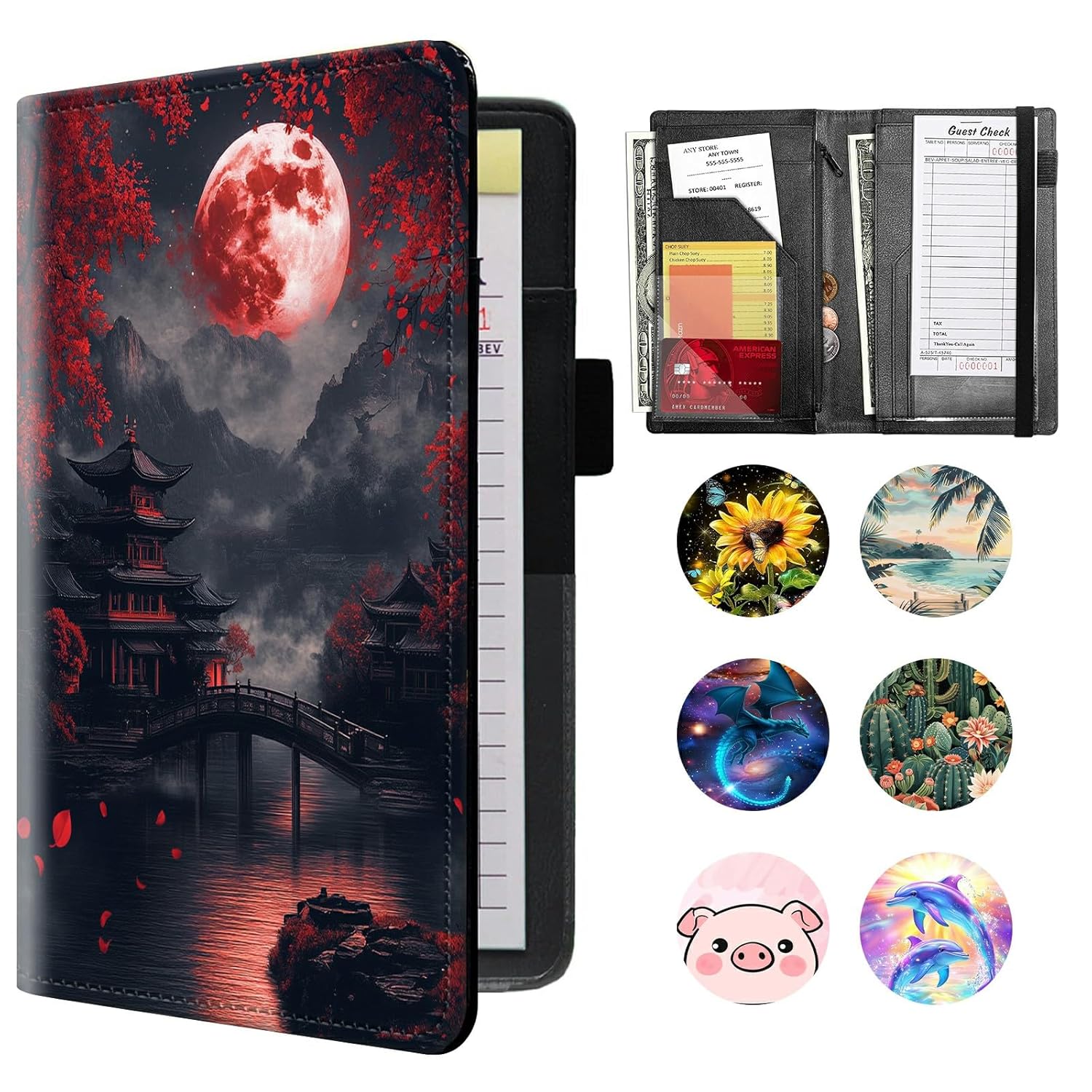Server Books for Waitress, Waitress Book with Elastic Bandage Closure PU Leather Organizer with Zipper Money Pocket Fit Server Apron, Red Moon