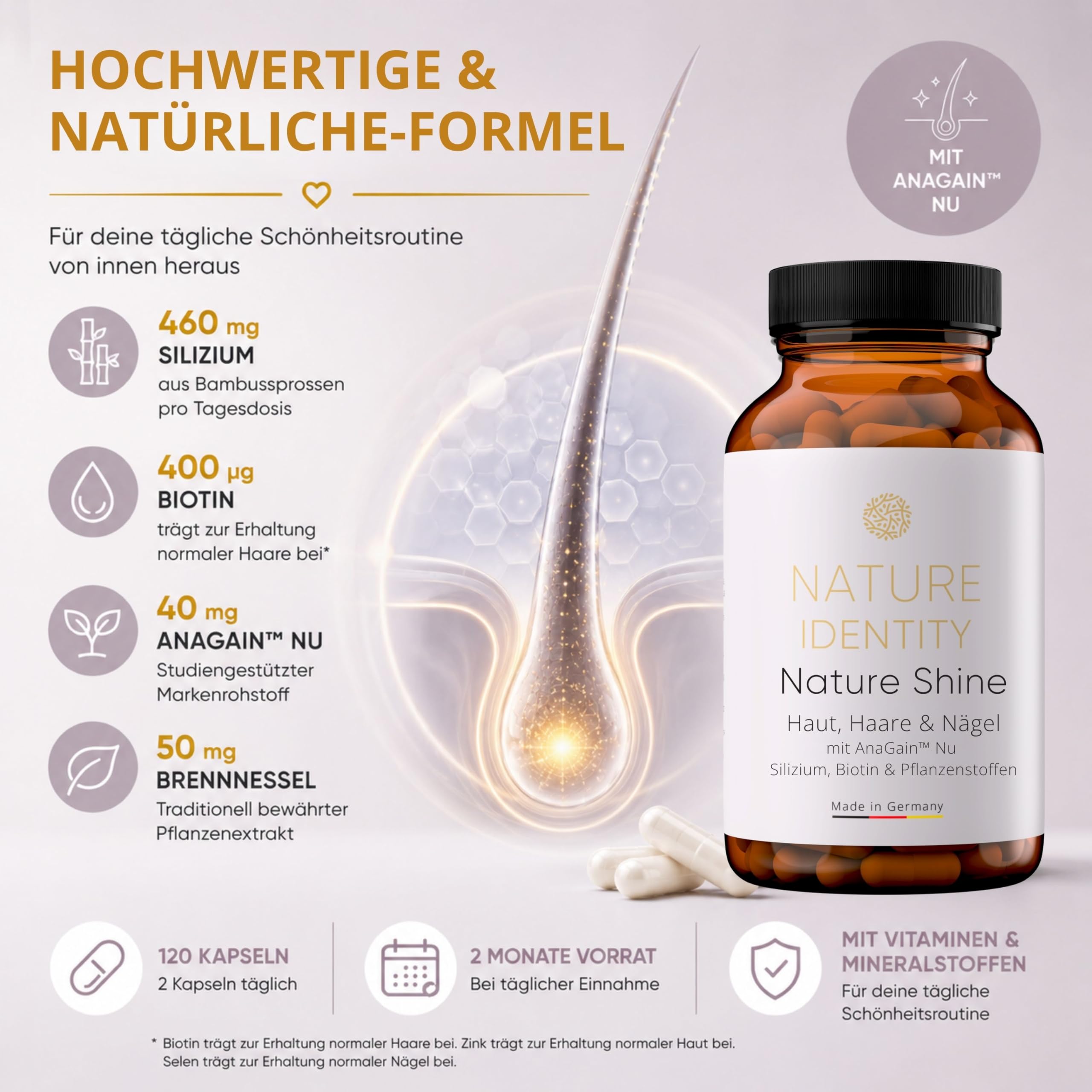 Nature Shine - Haar Vitamine mit 460mg Silizium, AnaGain™ Nu, Biotin, Zink, Selen für Haare, Haut, Nägel 120 Haar Kapseln für Frauen und Männer - Vegan