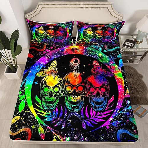 Erosebridal Sábanas de cama de teñido anudado de arco iris, sábana bajera de calavera de la muerte, tamaño Queen, juego de ropa de cama de galaxia
