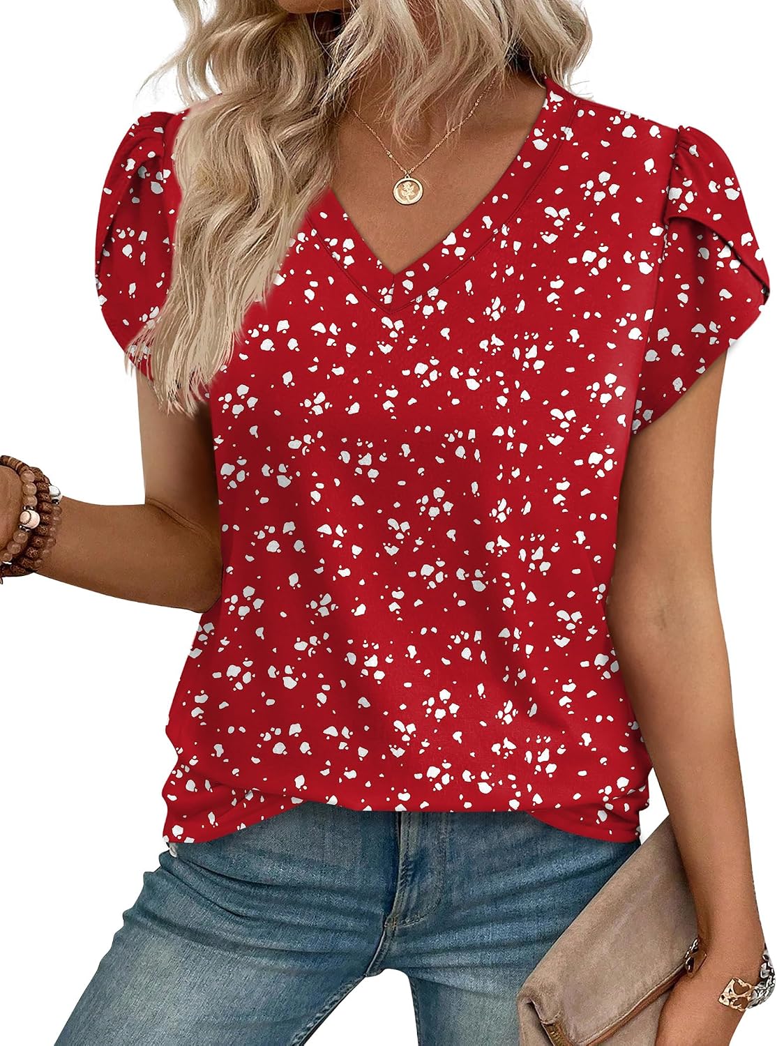  Womens Tops Dressy Casual Petal Sleeve Summer Spring Short Sleeve V Neck Shirts Work Business Vacation Clothes 2026 thumbnail