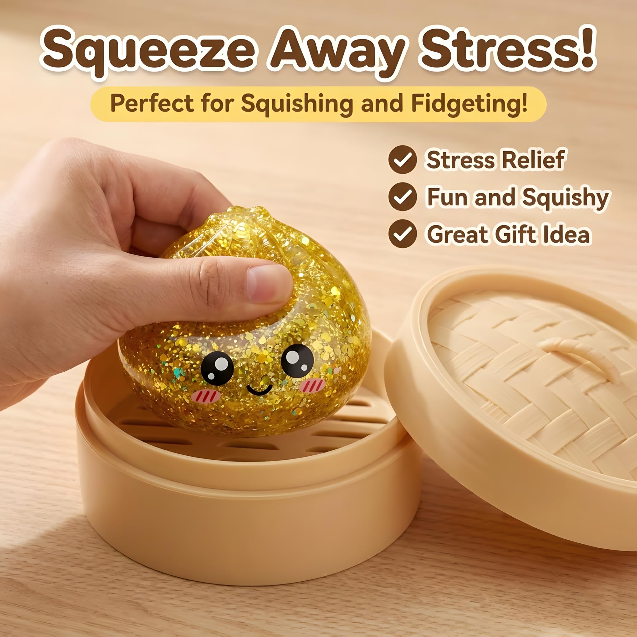 2026 New Mystery Dumpling Squishy with Steamer Box, Glitter Dumpling Squishy Slow Rising Stress Relief Squeeze, Soft Dumpling Squishy Desk Accessory Novelty Gift - 4