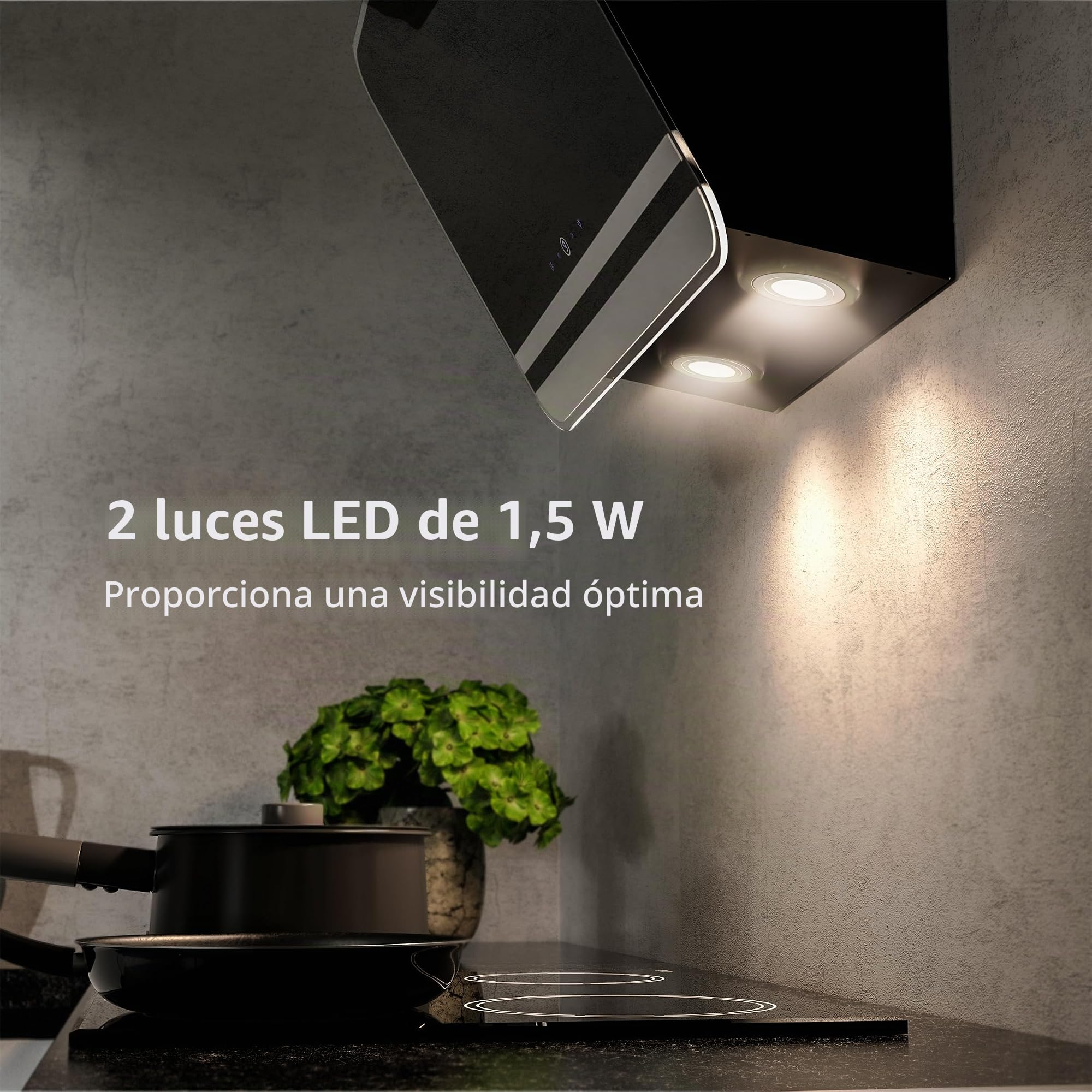 FIREGAS Campana extractora 60cm, Extractor inclinado, Motor sin escobillas, Bajo Consumo, 9 velocidades, 578m³/h, LEDs, Recirculante y Extracción, Incluye filtro de carbón