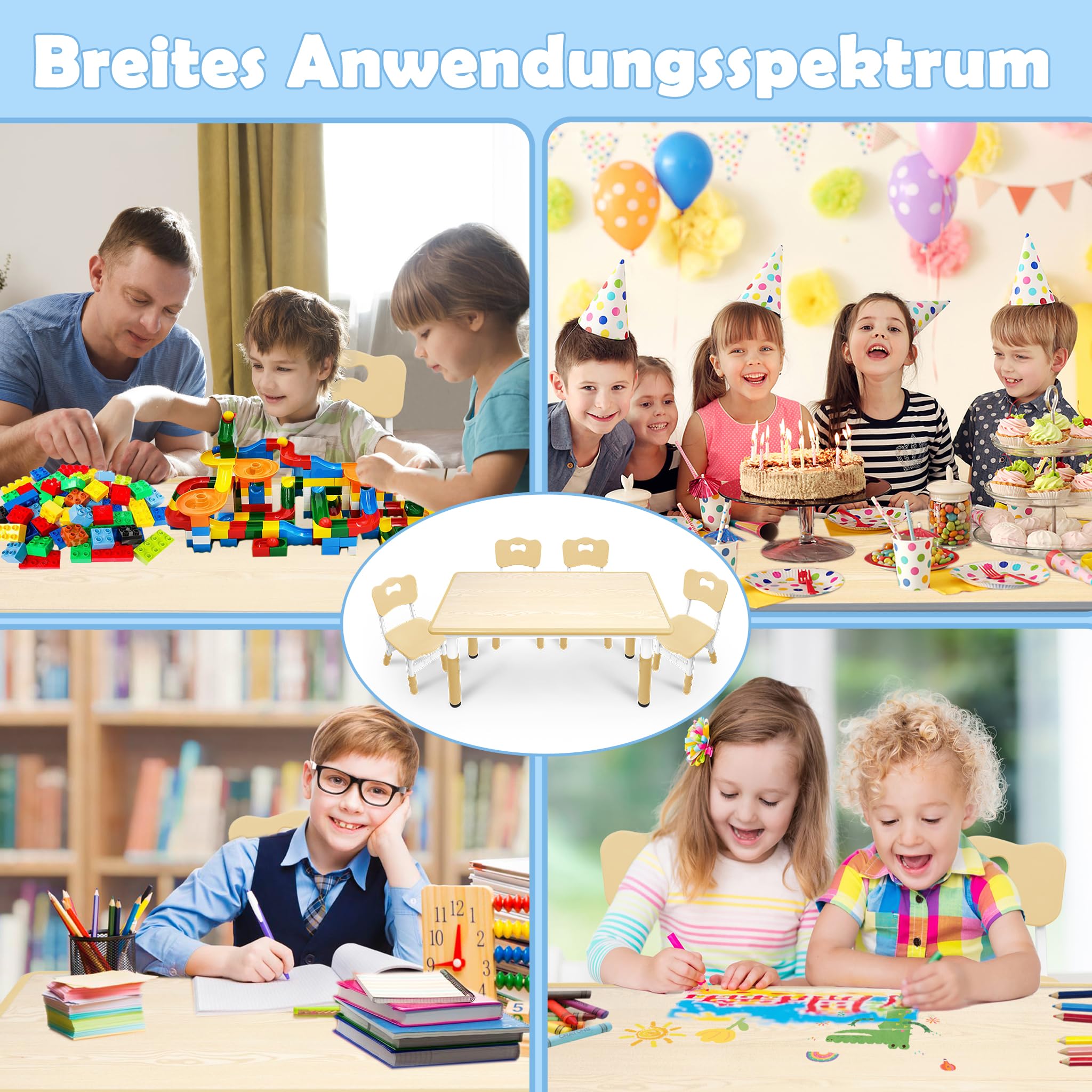 AufuN Tavolo per bambini con 4 sedie, set di seggiolini per bambini, regolabile in altezza, per asilo e cameretta dei bambini, facile da pulire, per aule, mobili in plastica, marrone