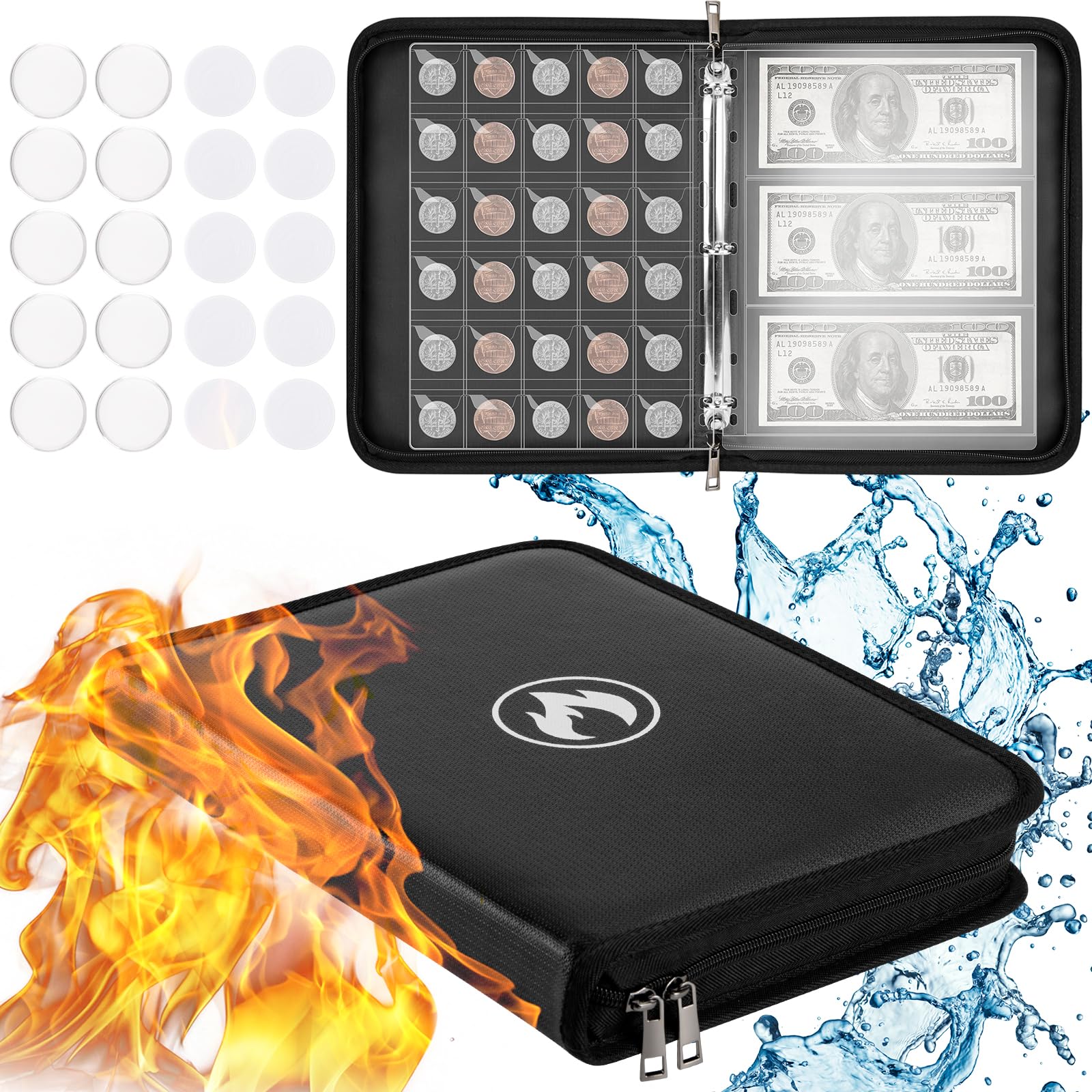 Coin Collection Book Holder for Collectors, 250 Fireproof Coin Album & 30 Penny Sleeves, Money Saving Binder for Coin, Bill, Currency and Stamp, Coin Capsules*10