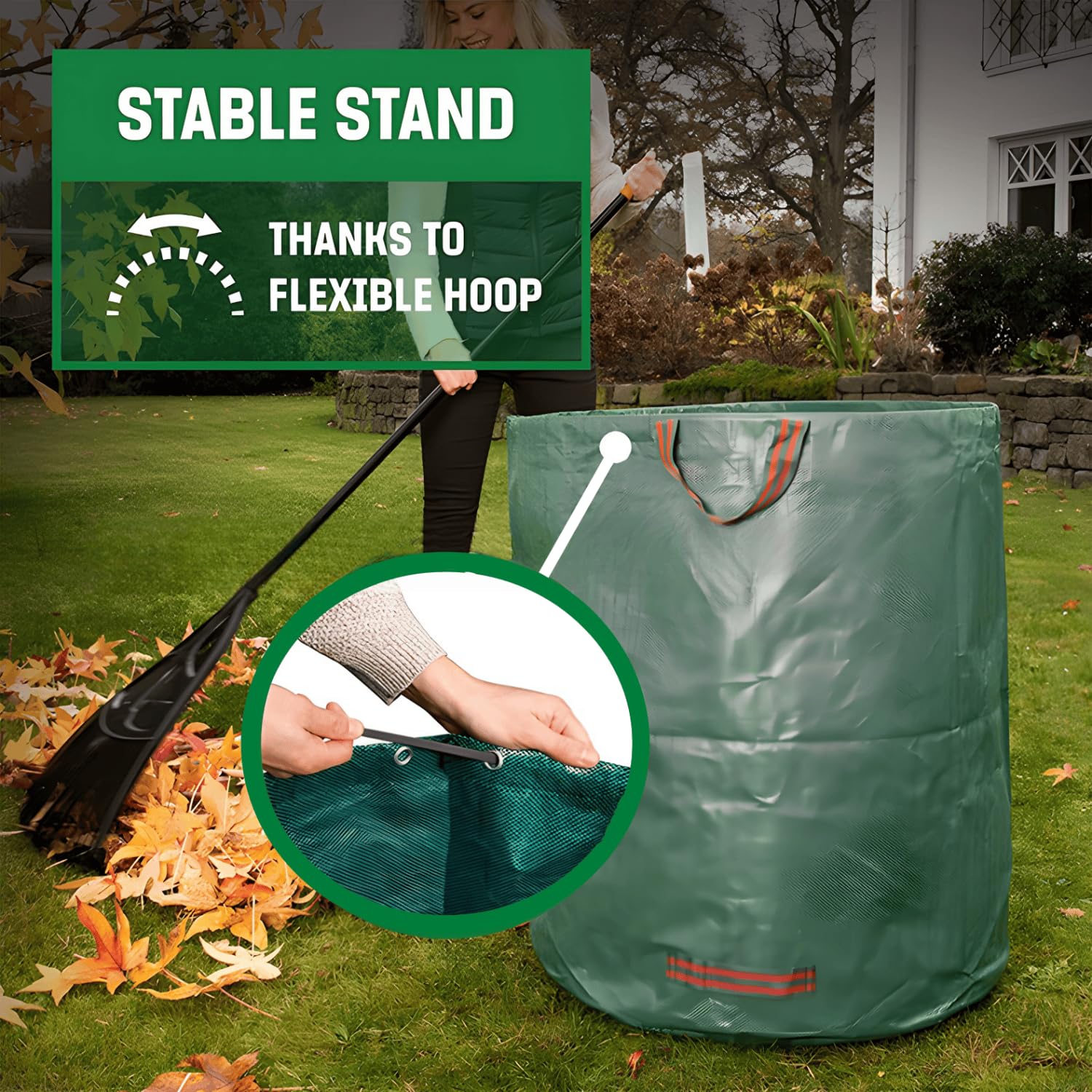 3 x 500L sacs de jardin, sacs à déchets de jardin gants inclus, 4 poignées, autonome, imperméable, sac à feuilles durable et résistant à la corrosion, adapté aux déchets de jardin (3x500L)
