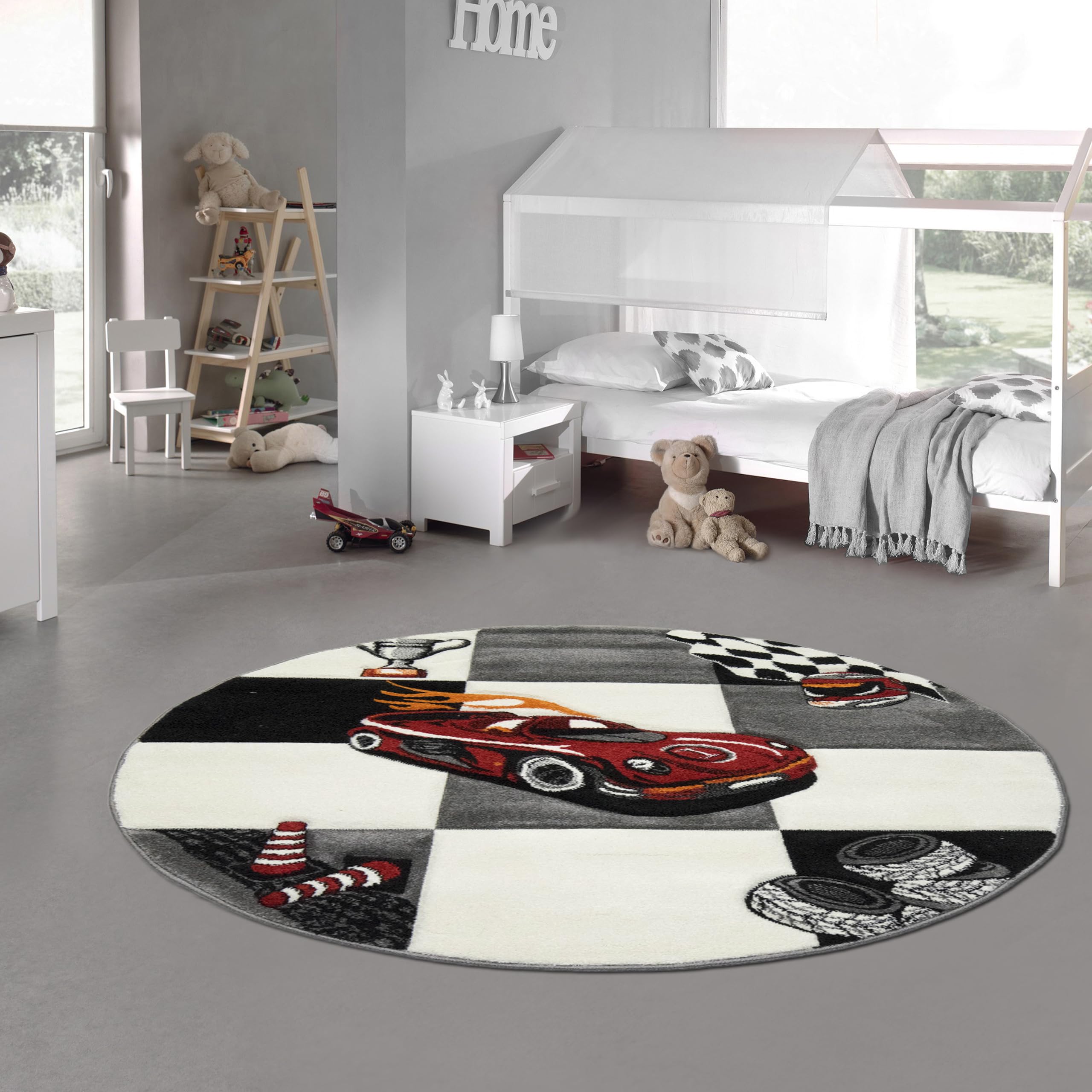 Alfombra infantil para habitación infantil, diseño de coche de carreras, con contorno recortado, color gris, blanco y negro, tamaño 120 cm, redonda