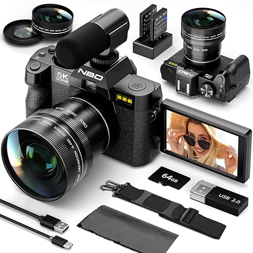 NBD 5K Digital Cameras for Photography - 16X Zoom Travel Camera with 180° Flip Screen, 64MP Vlogging Cameras Fotograficas for YouTube, Auto Focus, Macro Lens, 2 Batteries & 64GB TF Card(Black) - Black