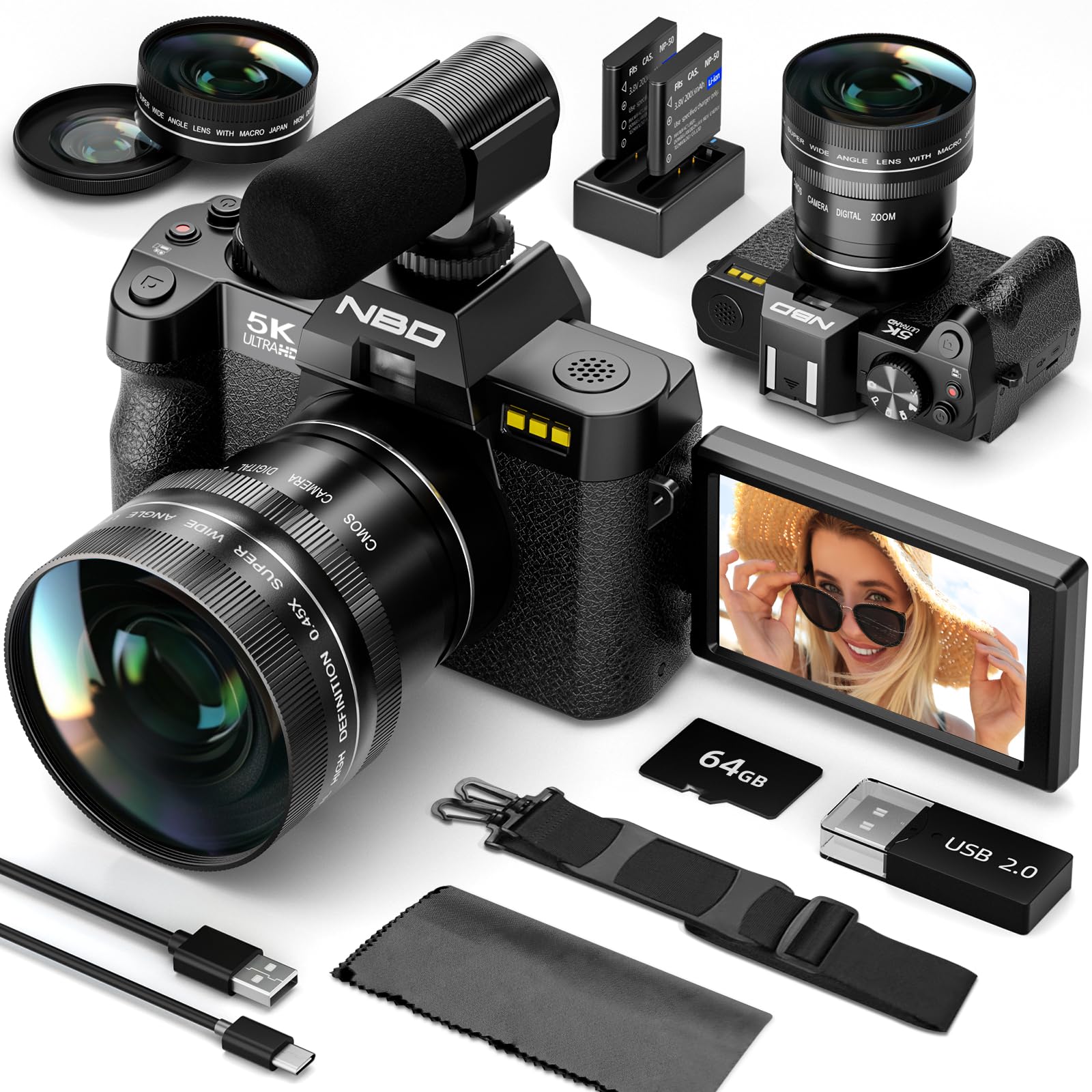 NBD 5K Digital Cameras for Photography - 16X Zoom Travel Camera with 180° Flip Screen, 64MP Vlogging Cameras Fotograficas for YouTube, Auto Focus, Macro Lens, 2 Batteries & 64GB TF Card（Black）
