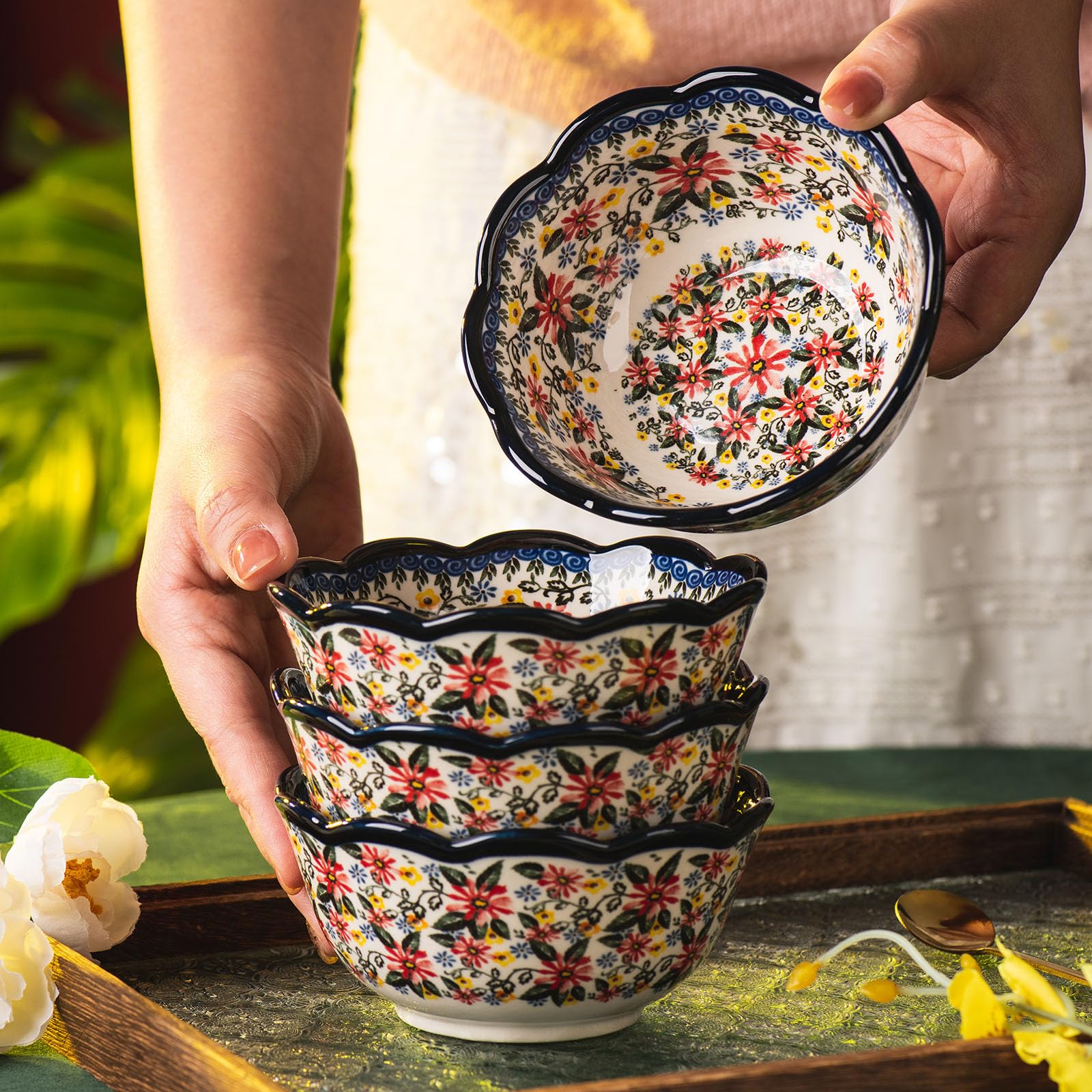 Müslischüssel-Set aus Porzellan, 12,7 cm, 4 Stück, für Dessert, Eis, Suppe, Reis, Obst, kleine Portionen, mikrowellen- und spülmaschinenfest, 380 ml, Vintageblau, exotisches Gänseblümchen