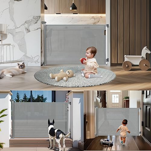 Miniatura 7 de Puerta retráctil para bebés y perros, 34 pulgadas de alto, se extiende hasta 71 pulgadas de ancho, puerta de malla de seguridad para escaleras,