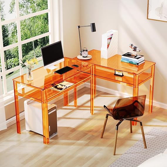 Clear Acrylic Desk with Open Storage, Home Office Computer Writing Desk Office Study Table (Orange, 39.4'' x 19.7'' x 29.5'')