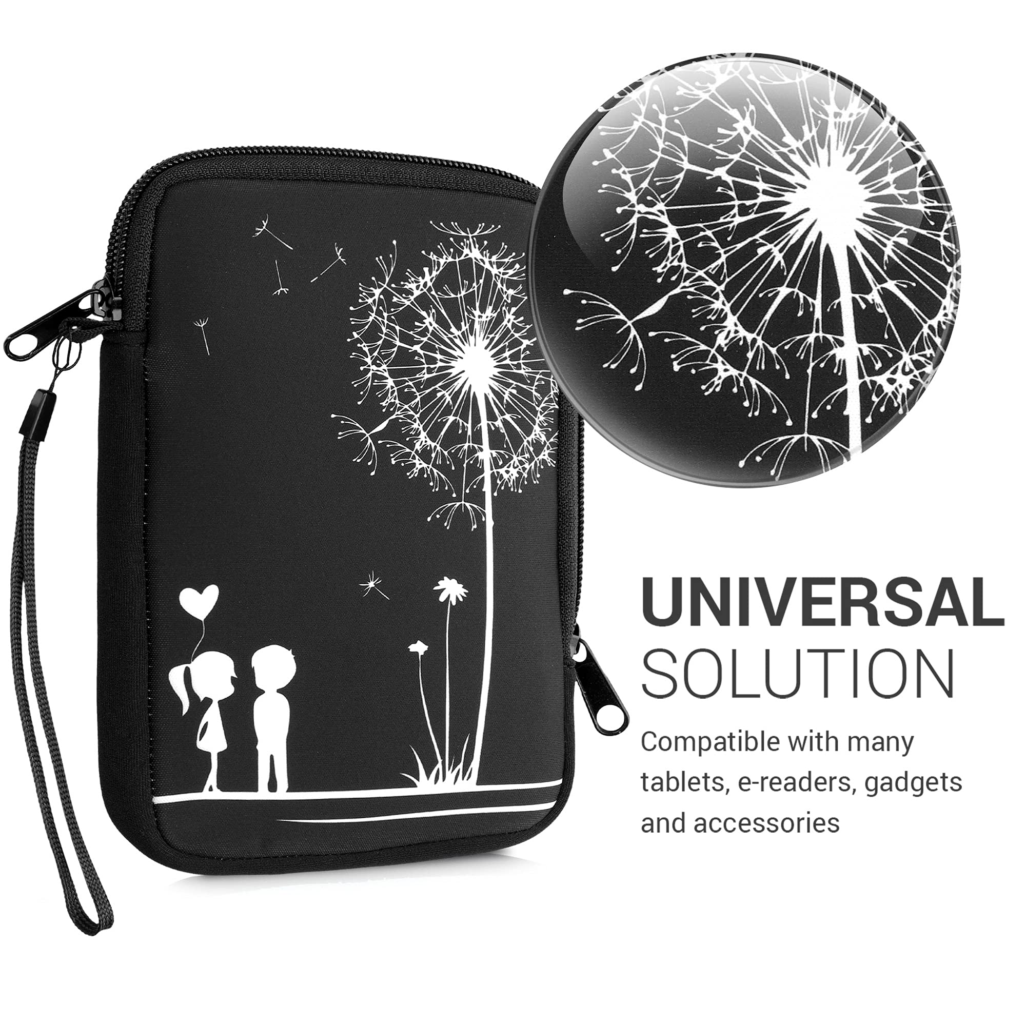 kwmobile Custodia Universale per eReader in Neoprene bianco/nero con Chiusura a Zip 17 x 12 x 2 cm