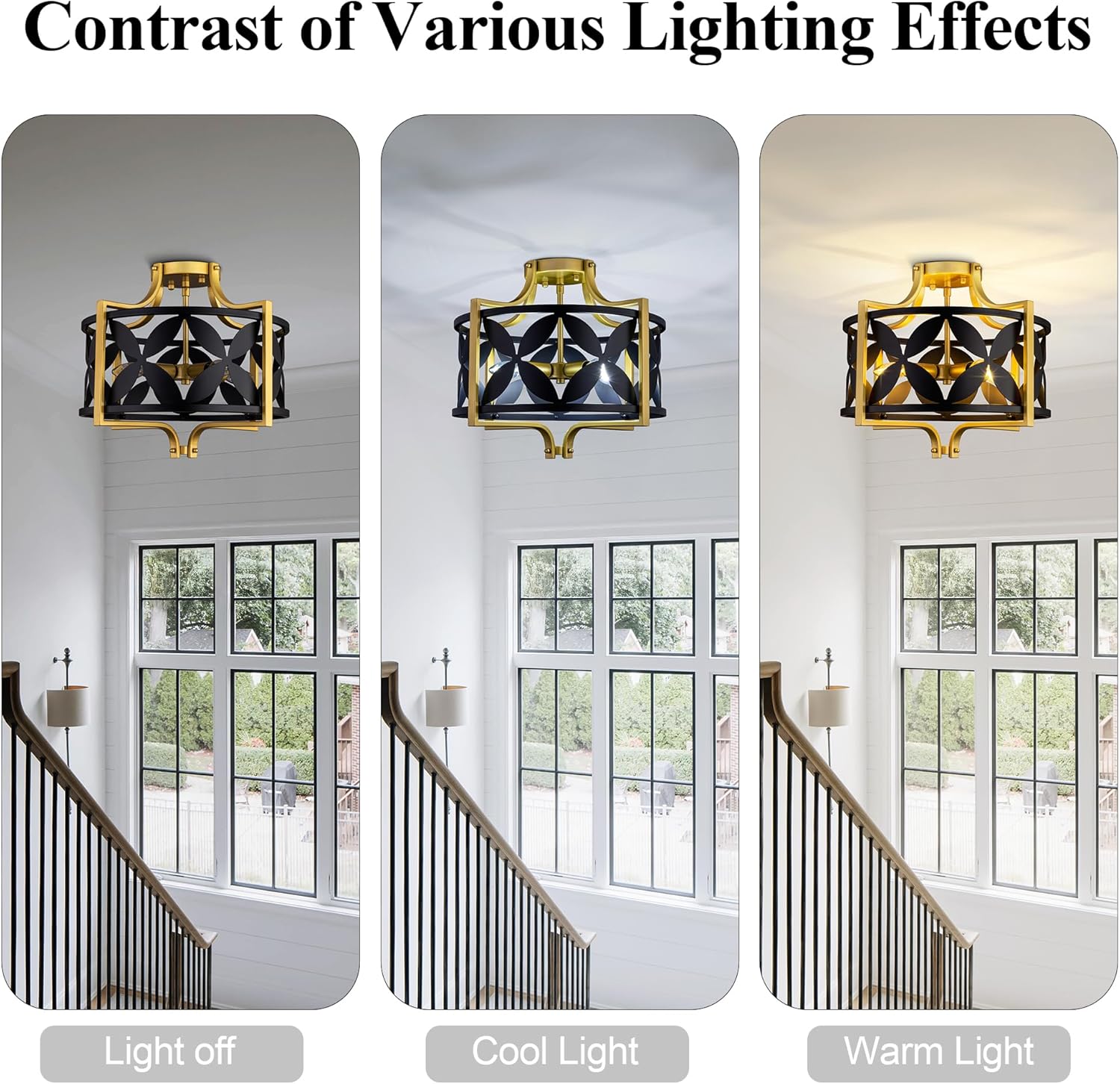 TOCHIC Modern Flush Mount Ceiling Light, 4-Light Black and Gold Farmhouse Semi Flush Mount Ceiling Light Fixture, 18" Drum Chandelier for Entryway, Hallway, Foyer, Living Room, Bedroom