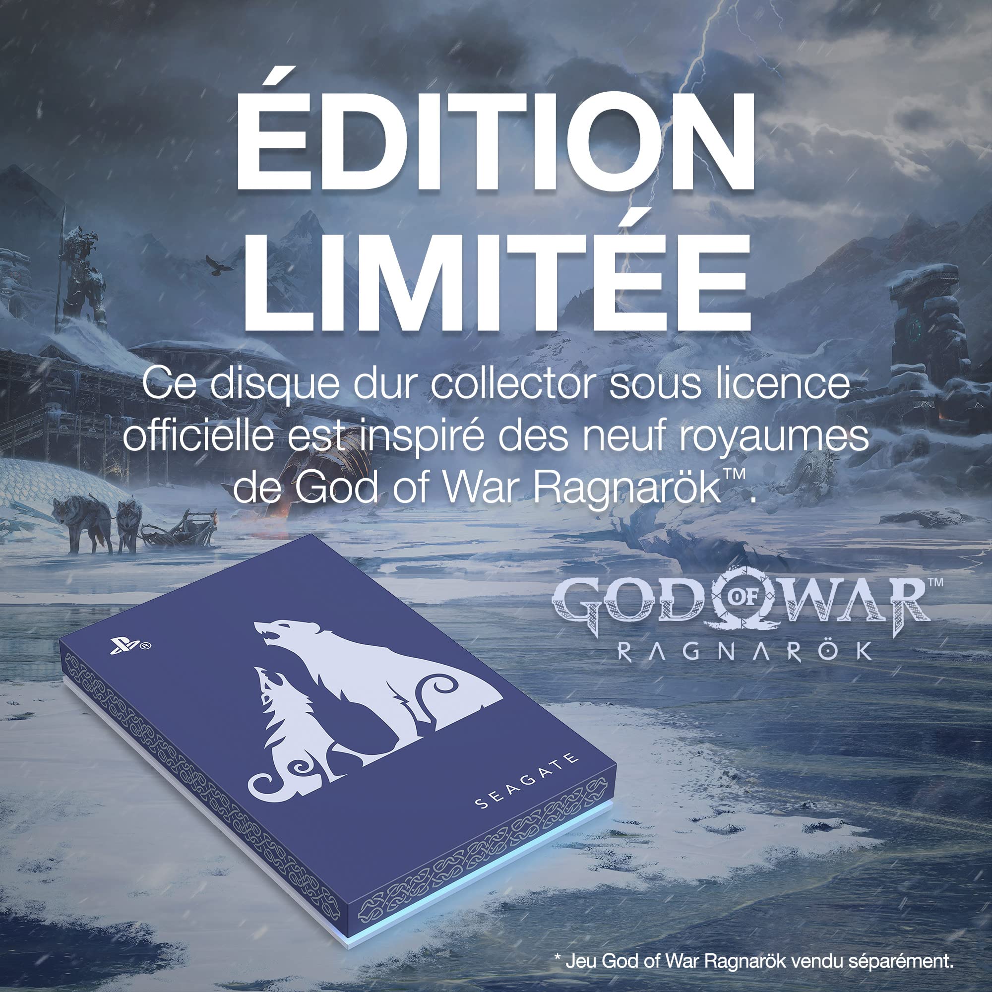 Seagate God of War Ragnarök Game Drive en édition limitée, 2 To, Disque dur externe - USB 3.0, éclairage LED bleu glacier, sous licence officielle pour les consoles PlayStation (STLV2000200)