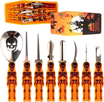 On-Airstore 8 Pcs Halloween Pumpkin Carving Tools Kit Professional Heavy Duty Pumpkin Carving Set Stainless Steel Sculpting Tool with Plastic Bag for Halloween Decoration Jack-O-Lanterns