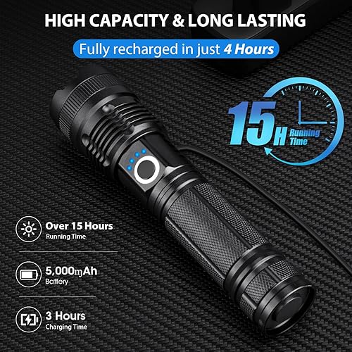 Miniatura 3 de Linterna LED recargable de alto lúmenes, 90,000 lúmenes, luz de flash súper brillante con 5 modos, linterna resistente al agua, linterna