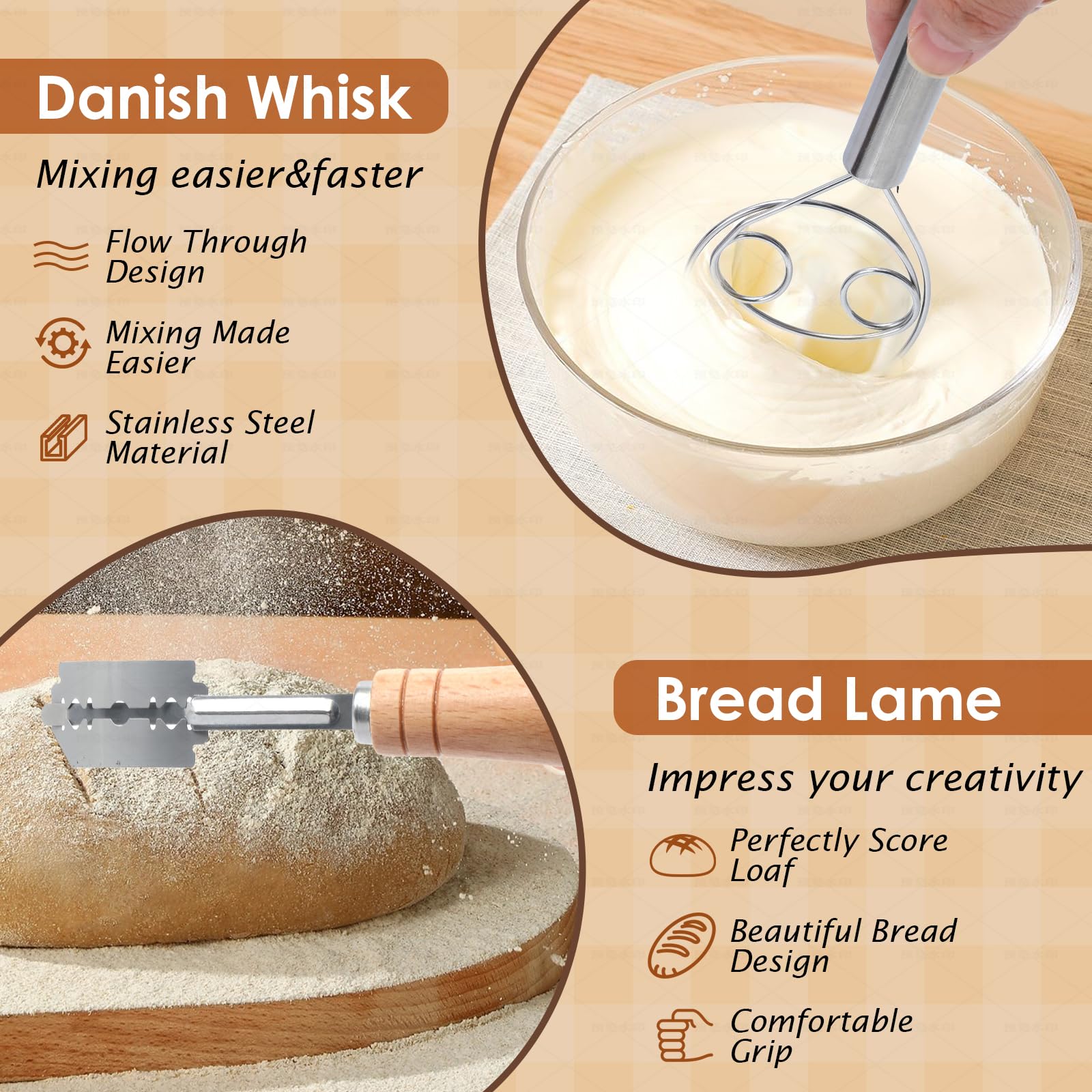 Set di 2 cestini per la lievitazione del pane Soudough Banneton, set di 2 cestini rotondi da 22,9 cm e 10 bastoncini ovali, kit per principianti con lievito naturale da 963,9 g, raschietto per impasto