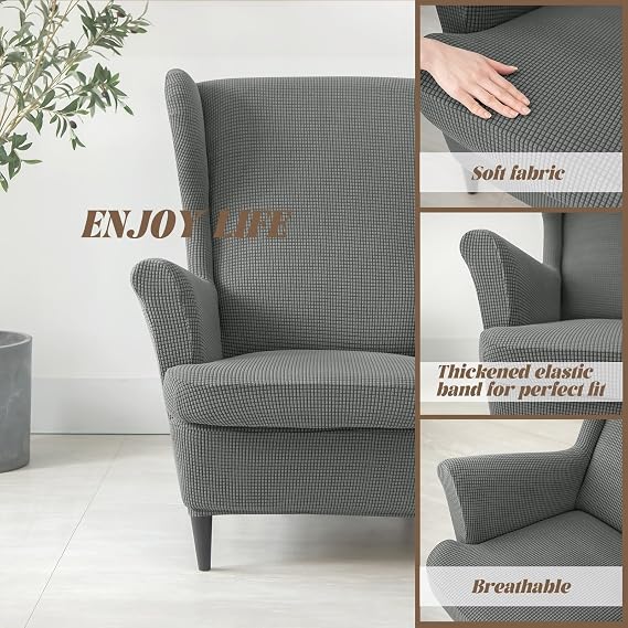Stretch Wingback Chair Slipcover, Wing Chair Covers Slipcovers with Elastic Bottom, Living Room Armchairs Chair Slip Covers with Ottoman Cover, High Back Chair Cover Slipcover Set (Gray, Chair)