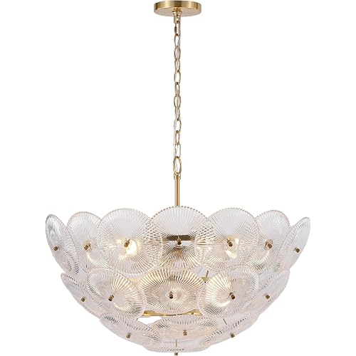 SAFAVIEH Couture - Alberta 9-Light Chandelier Light Fixture - Clear & Gold - Dimmable LED Chandelier with Glass Shades and Adjustable Chain - Modern Ceiling Light for Dining Room, Foyer (CTL1117A)