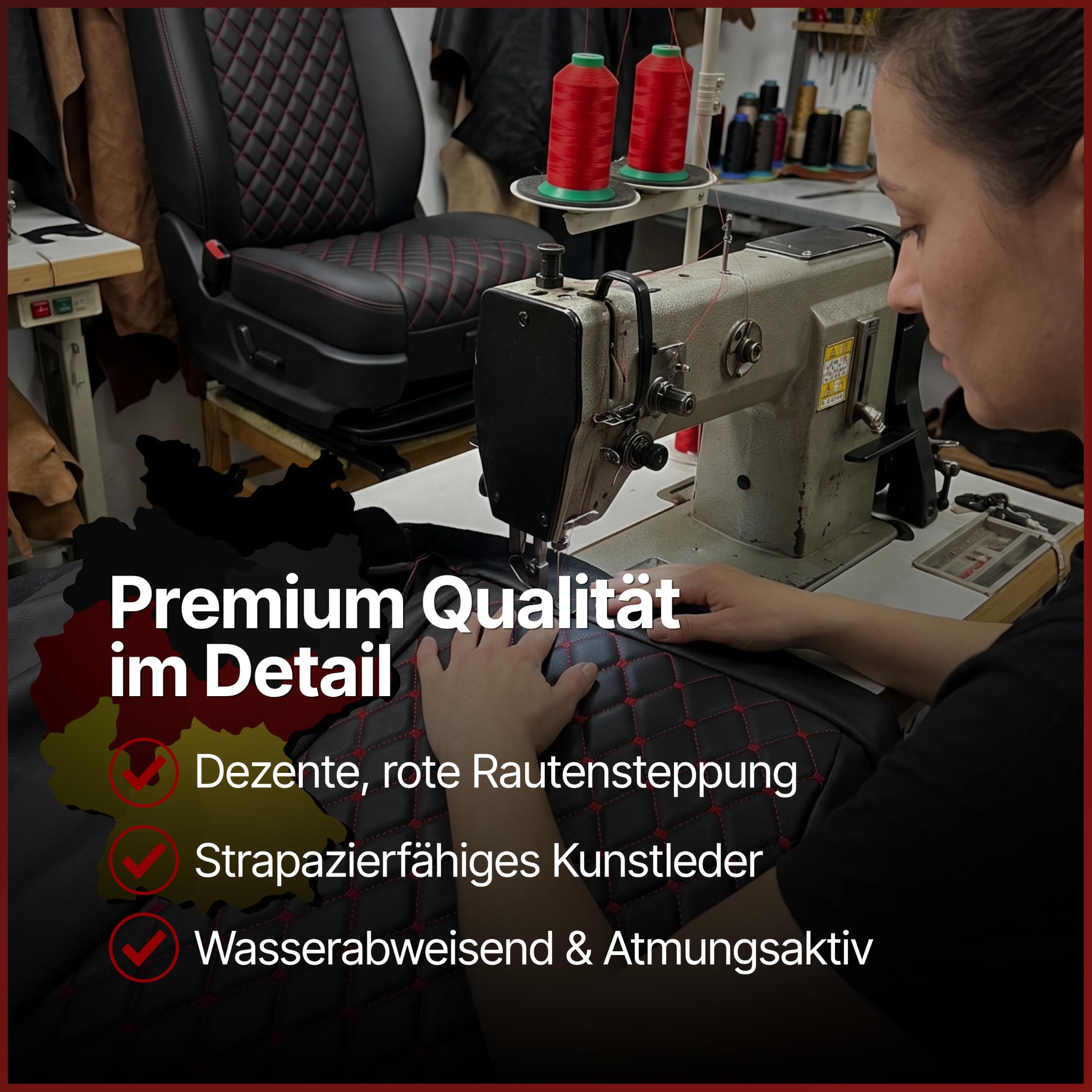 Kunstleder Meterware Leder Polsterstoff gesteppt Stoff Möbelstoff Bezugsstoff Lederstoff Polsterbezug 100cm x 140cm (schwarz mit roten Nähten)