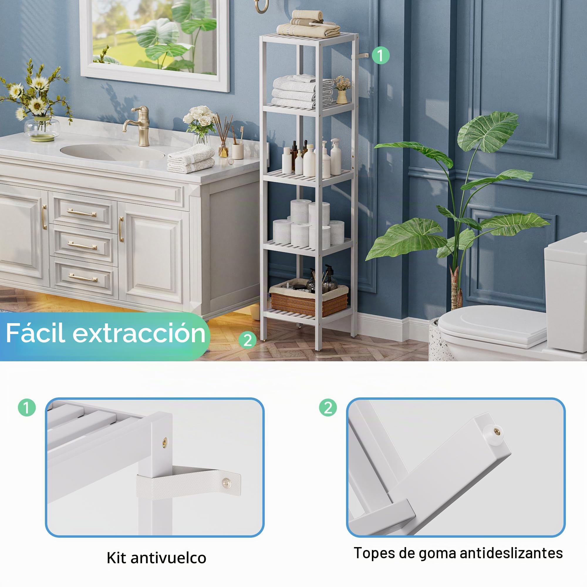 SMIBUY Estante de Almacenamiento para el baño, Organizador de estantes de bambú de 5 Niveles, Unidad de estantería Multifuncional para la Sala de Estar, el Dormitorio y la Cocina (Blanco)