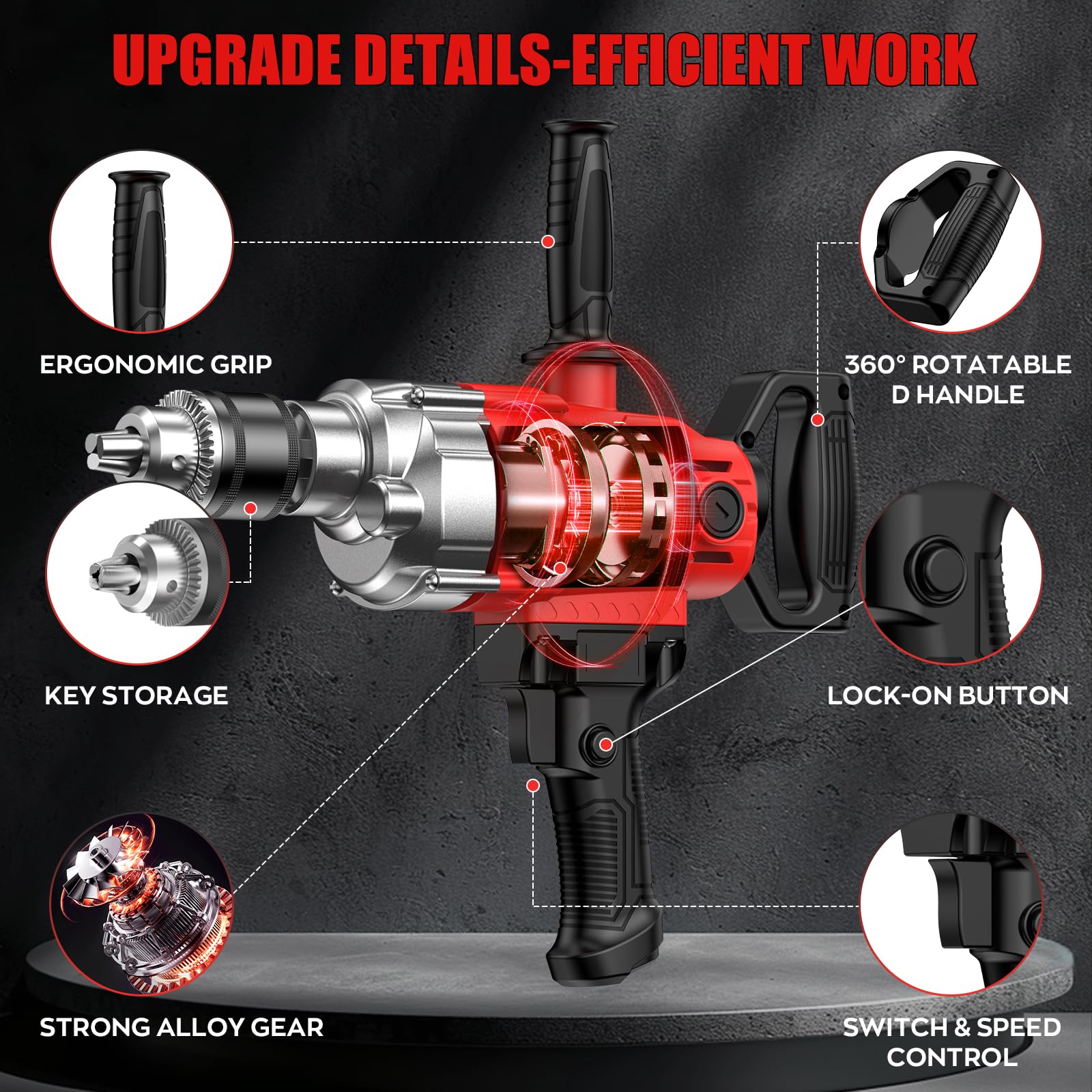 IMAYCC Juego de agitador de perforación 2 en 1, mezclador de hormigón portátil de 2500 W, 15 A, para taladrar y mezclar, velocidad variable, ideal para piensos, yeso, pintura, cemento (rojo-negro)