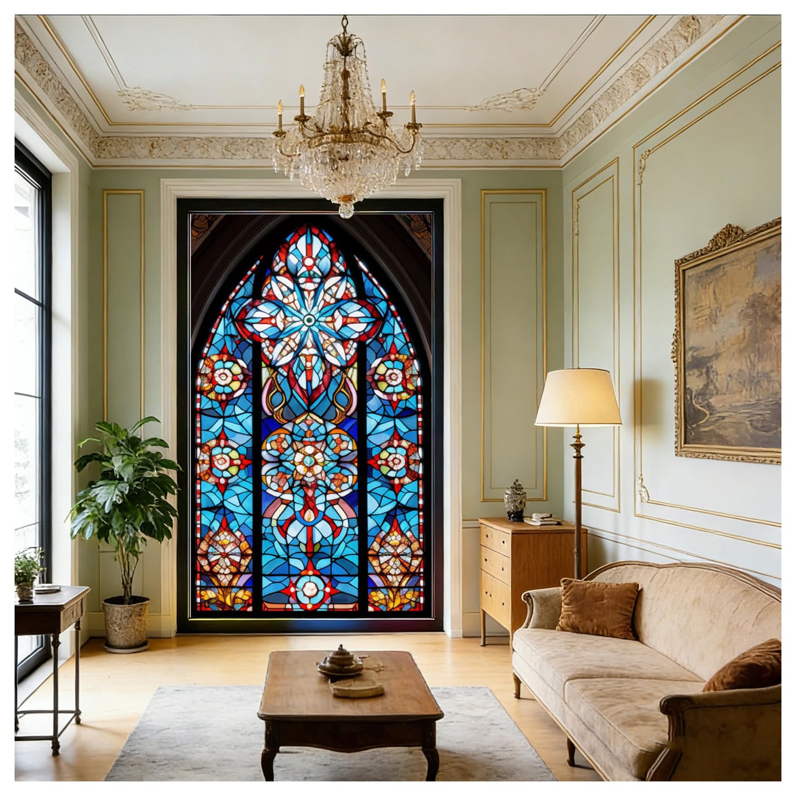 Gotisches Spitzbogen Rosettenfenster Buntglas Sichtschutz Fensterfolie statisch haftend Fensterbehandlungen Glasaufkleber dekorative Folie für Glastür und Heimdekoration,Color 1,70x120cm