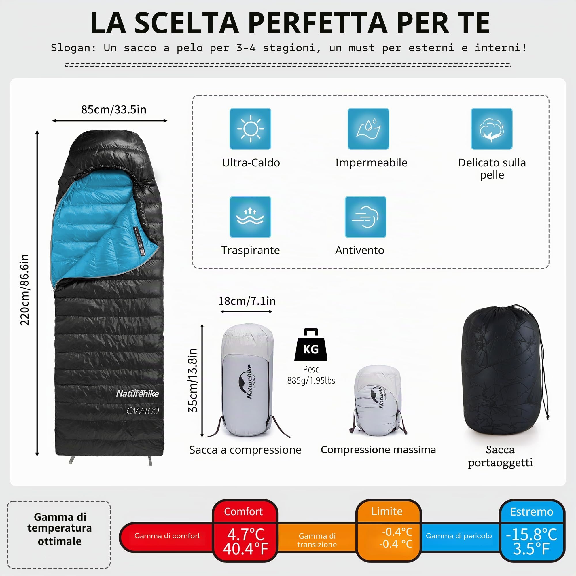 Naturehike Sacco a Pelo In Piuma d'Oca 750FP Sacco a Pelo In Piuma d'Oca Invernale Caldo 4 Stagioni Sacco a Compressione Speciale Da Campeggio Ultraleggero Portatile