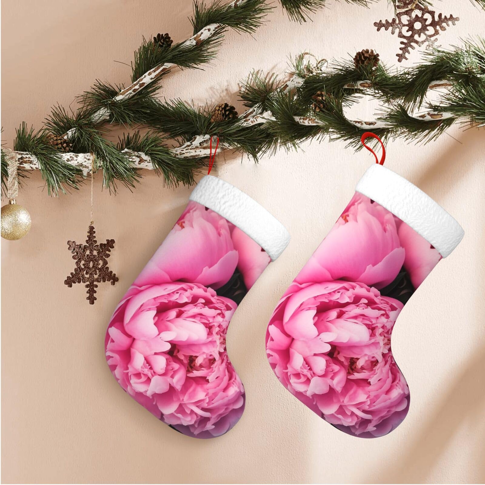 Pink Peony Christmas Stockings Velvet Xmas Fireplace Hanging Stocking with Plush Cuff Rustic Christmas Santa Stockings for Home Christmas Decorations Party Favor Supplies
