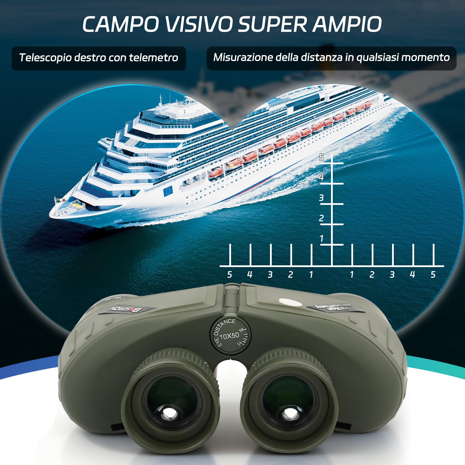 Binocolo Marino 10x50 per Adulti, Impermeabile IPX7 | Prisma BAK4 Lenti FMC, Binocolo Militare Professionale con Telemetro per la Navigazione Birdwatching Caccia - Green