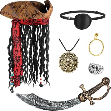 6PCS Pirate Costume Accessories for Adult,Halloween Pirate Hat with Dreadlocks,Eye Patch Earring Skull Necklace Plastic Knife Silver Ring for Men Woman Cosplay
