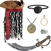 6PCS Pirate Costume Accessories for Adult,Halloween Pirate Hat with Dreadlocks,Eye Patch Earring Skull Necklace Plastic Knife Silver Ring for Men Woman Cosplay