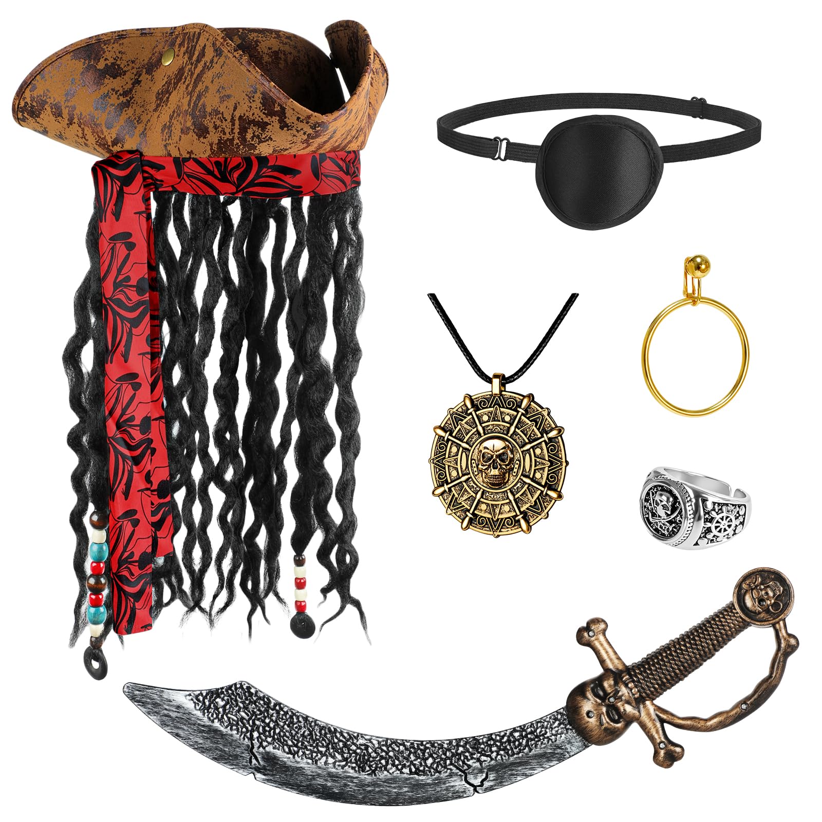Tanganan Halloween Pirate Hat Costume Set, 6 Pcs Pirate Costume with Dreadlocks Skull Head Sword Ring Necklace Earrings Eye Patch Leather Brown Hat for Women Men