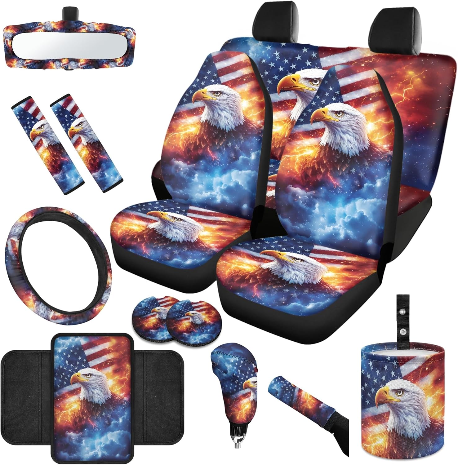 Eagle 14 PCS Car Seat Covers Full Set with Steering Wheel Cover Seat Belt Pads Garbage Bag Armrest Cushion American Flag Handbrake Cover Set Rear View Mirror Coasters 4Th of July