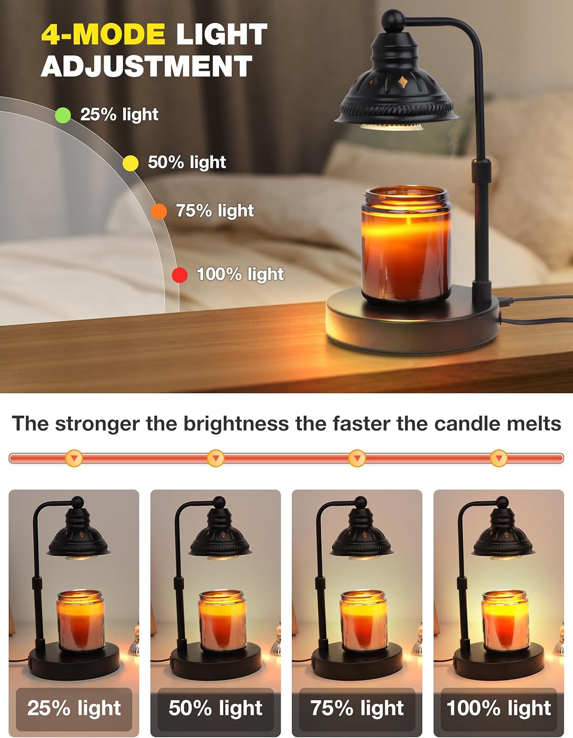 Candle Heater Lamp with Timer and Dimming Function, Height Adjustable Candle Melting Lamp Heater for Aromatherapy Jar Candles, Home Decor for Women (Black)