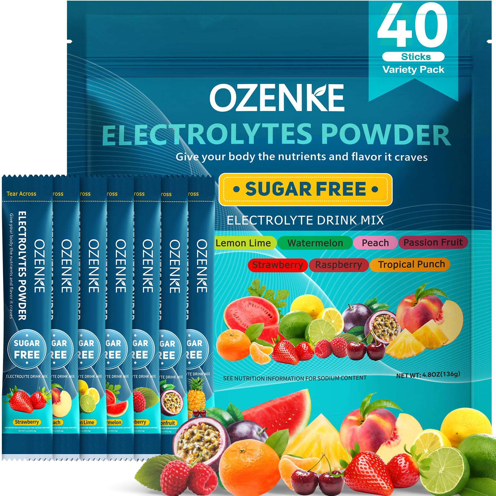 OZENKE Electrolytes Powder Packets, Hydration Packets, Electrolyte Drink Mixes for Rapid Hydration, 7 Flavors, 0 Sugar, 0 Calorie (40 Servings (Pack