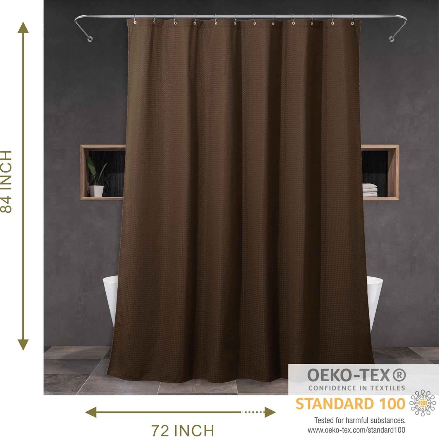 Brown Extra Long Shower Curtain: 84 Inch Long Taupe Waffle Weave Heavy Duty Fabric Shower Curtains for Bathroom - 256 GSM Water Repellent Washable Thick Polyester Cloth Bath Curtain - 72x84