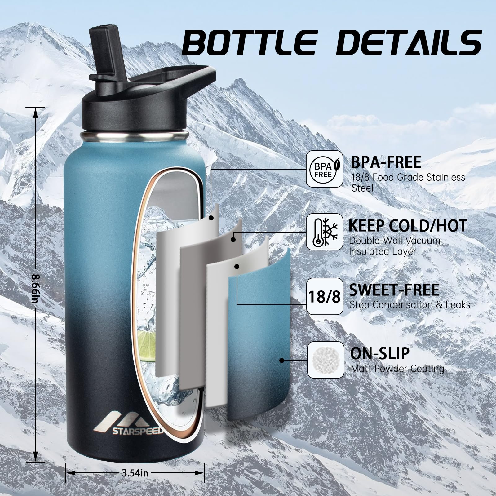 StarSpeed Botella de agua aislada de 32 onzas, termo de agua de acero inoxidable de doble pared, jarra de agua de vacío de 32 onzas, taza térmica deportiva de boca ancha con tapas de boquilla de