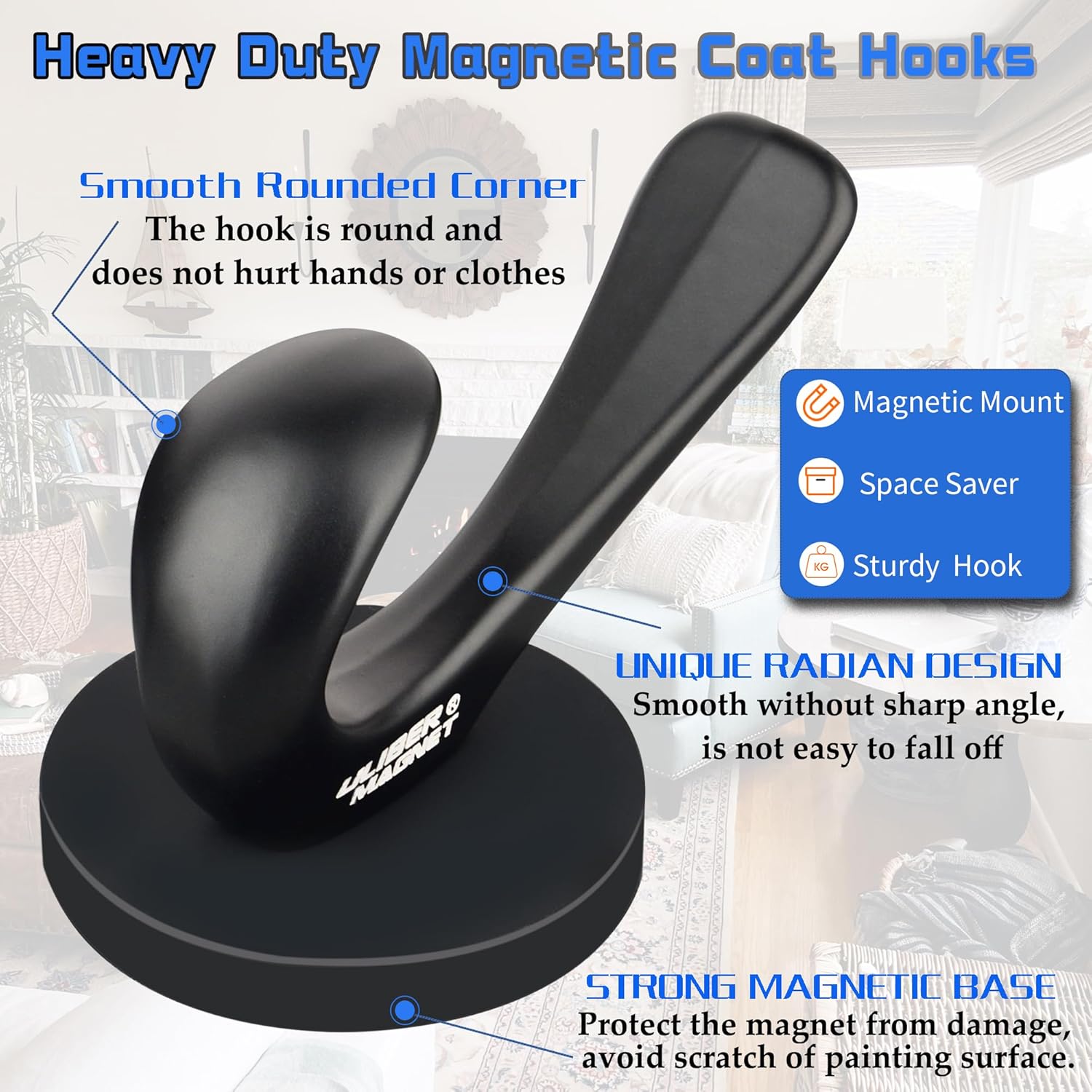 ULIBERMAGNET Strong Magnetic Double Coat Hooks, 4 Pack Heavy Duty Magnetic Clothes Hooks, Rubber Magnets Hooks for Coat Robe Towel Key Hat Clothes Jacket (Black)